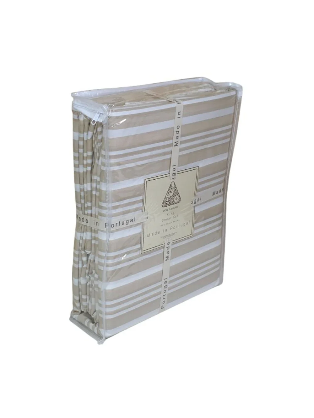 Alda Texteis Portugal King Sheet Set 100% Cotton Percale Beige & White Stripes